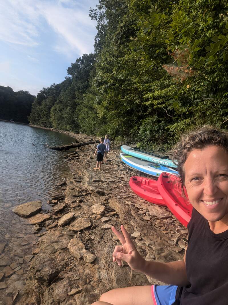 Jaime and the kids at the lake sore